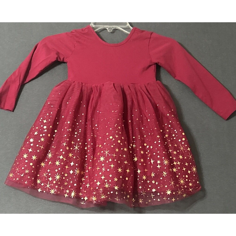 Hanna Andersson Ribbon Red Shimmer Star Tulle Long Sleeve Dress Sz 4